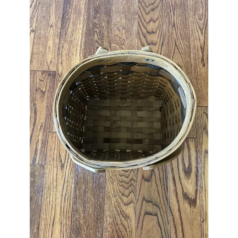 VTG Farmhouse Woven Splint Wood Basket Painted Lighthouses Nautical Coastal